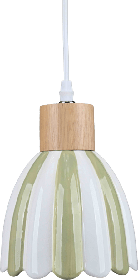 Poppy Ø15 Vert/blanc lampe de fenêtre De Pixie Design - Poppy est une charmante lampe de fen&ecirc;tre en c&eacute;ramique aux formes douces et arrondies, orn&eacute;e de d&eacute;tails en bois qui lui conf&egrave;rent une touche naturelle.