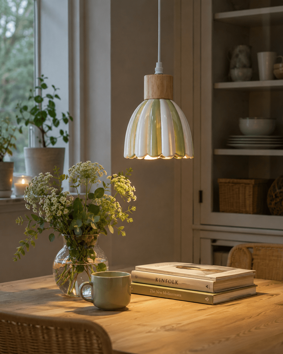 Poppy Ø15 Vert/blanc lampe de fenêtre De Pixie Design - Poppy est une charmante lampe de fen&ecirc;tre en c&eacute;ramique aux formes douces et arrondies, orn&eacute;e de d&eacute;tails en bois qui lui conf&egrave;rent une touche naturelle.