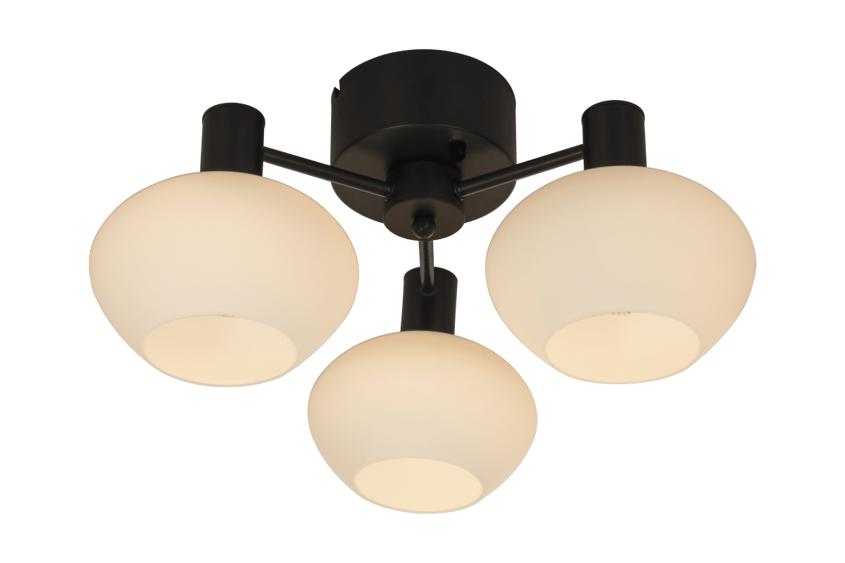 Bell Ø42 Noir plafonnier De Aneta Lighting - Plafond en m&eacute;tal laqu&eacute; noir avec 3 verres blancs opales sur&aring; bras forts.