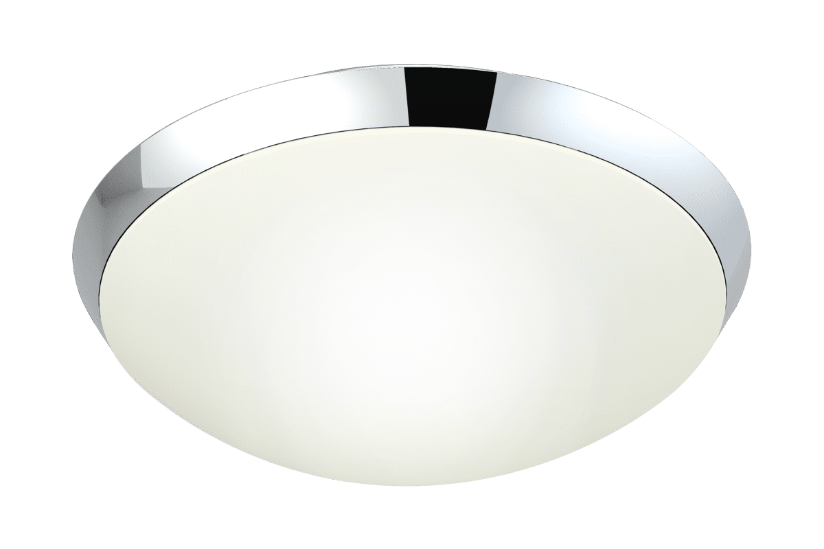 Siracusa Ø25 Chrome lampe de salle de bain De Aneta Lighting - Dôme en verre blanc et rebord en métal chromé autour de l'abat-jour.