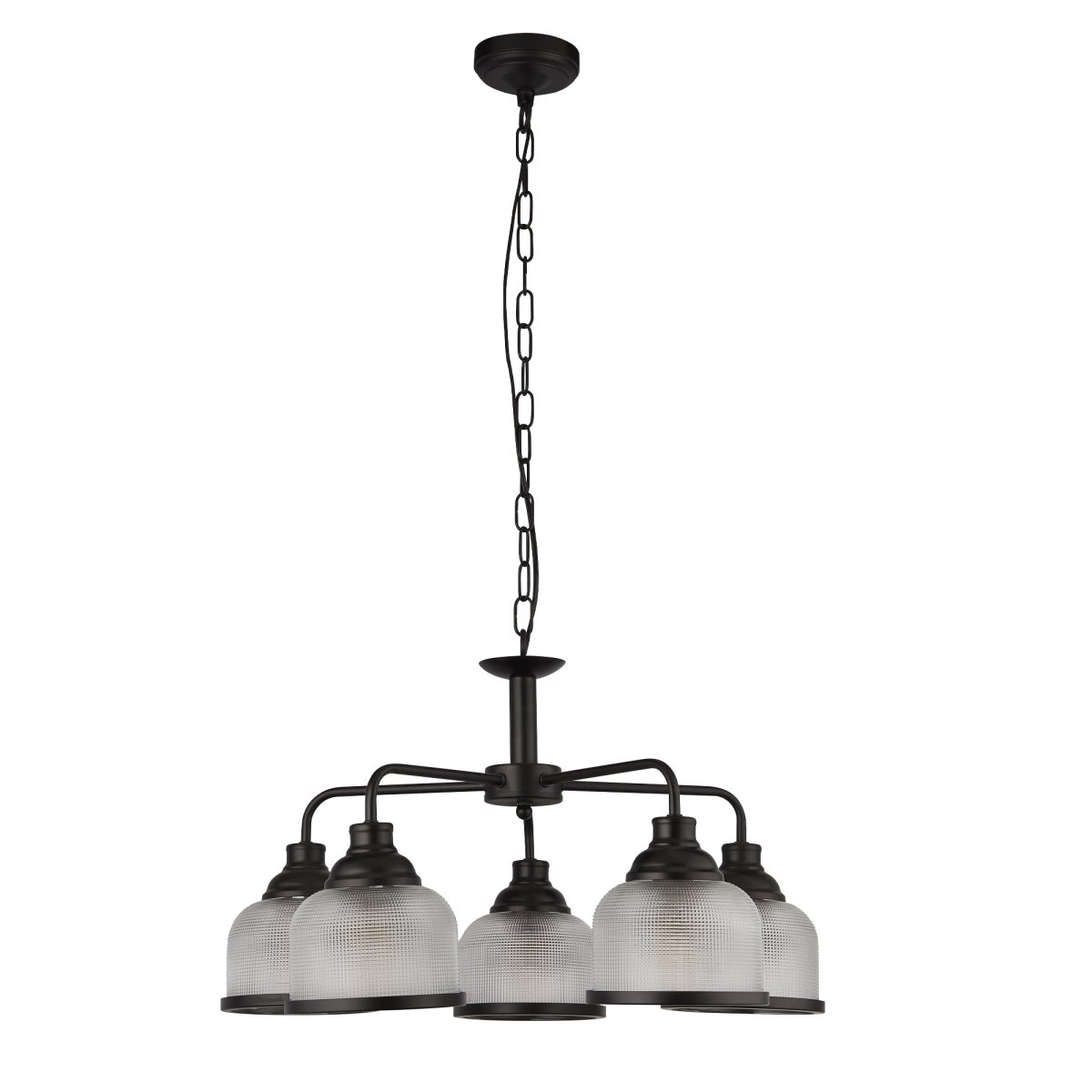 Highworth Ø58 Noir suspension De Searchlight - Ses cinq abat-jour en verre dépoli et côtelé, façon holophane, diffusent une lumière douce et agréable, créant un jeu d'ombres et de lumières captivant.