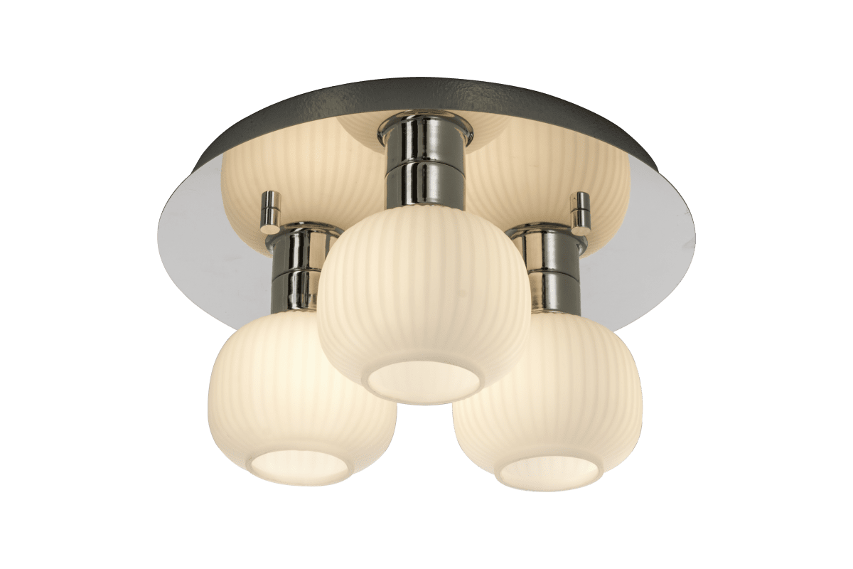 Messina Ø28 Chrome lampe de salle de bain De Aneta Lighting - Plafonnier Messina en chrome avec 3 coupoles en verre strié blanc opale.