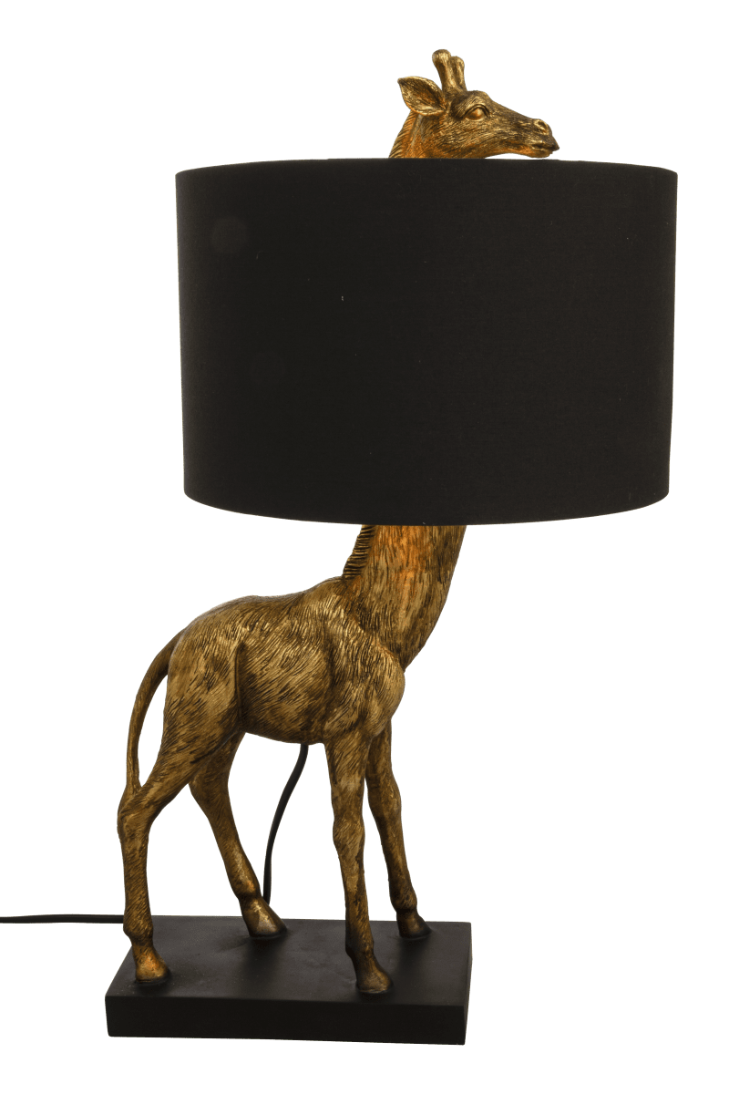 Affe 50cm Or lampe de table De Aneta Lighting - Lampe de table singe avec pied de lampe en m&eacute;tal laqu&eacute; noir et une girafe d&eacute;corative de couleur dor&eacute;e dont la t&ecirc;te d&eacute;passe de l'abat-jour en textile.
