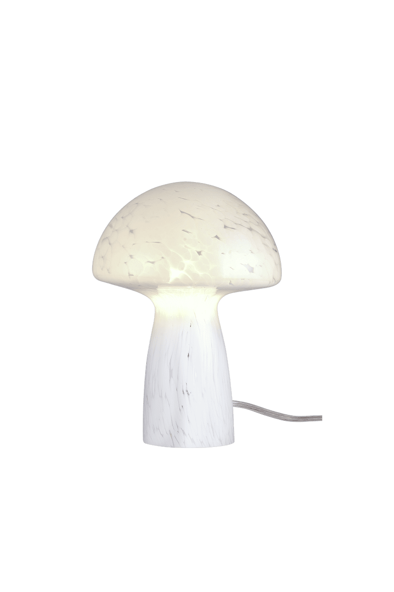 Mushi 20cm Blanc lampe de table De Aneta Lighting - Mushi est une lampe champignon en verre tendance avec un motif unique de points blancs, donnant &agrave; chaque lampe un design unique.