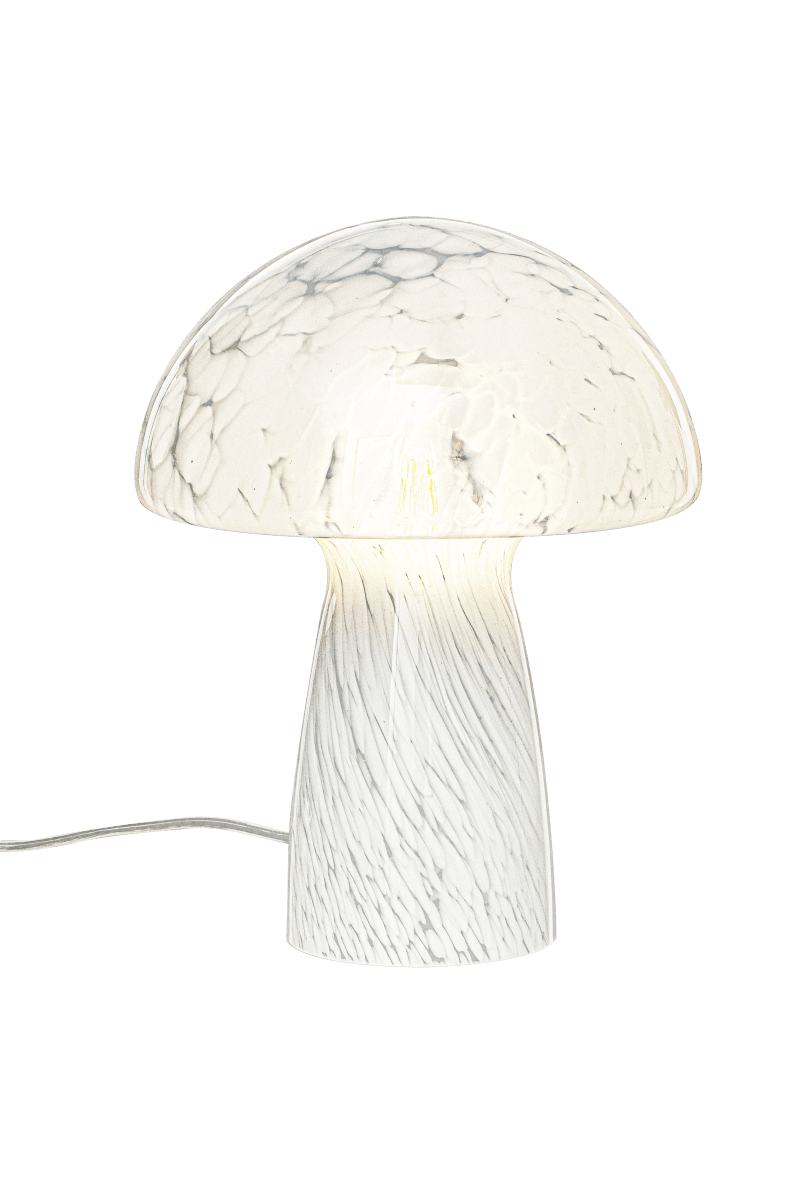 Mushi 30cm Blanc lampe de table De Aneta Lighting - Mushi est une lampe champignon en verre tendance avec un motif unique de points blancs, donnant à chaque lampe un design unique.