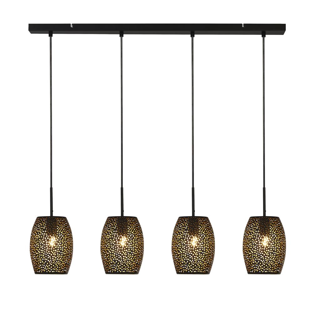 Laser 90cm Noir suspension De Searchlight - Laser s'impose dans n'importe quelle pièce grâce à ses abat-jour découpés au laser en métal noir mat et à son intérieur doré.