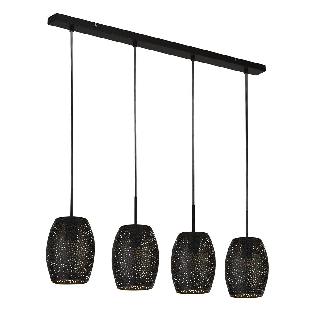 Laser 90cm Noir suspension De Searchlight - Laser s'impose dans n'importe quelle pièce grâce à ses abat-jour découpés au laser en métal noir mat et à son intérieur doré.