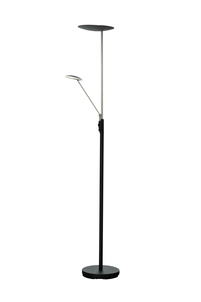 Cadiz Noir/acier lampadaire De Aneta Lighting - La lumière s'allume et s'éteint à l'aide de deux variateurs sur la lampe, l'un régule la lumière en haut et l'autre pour le bras de lecture, qui peut également être réglé.
