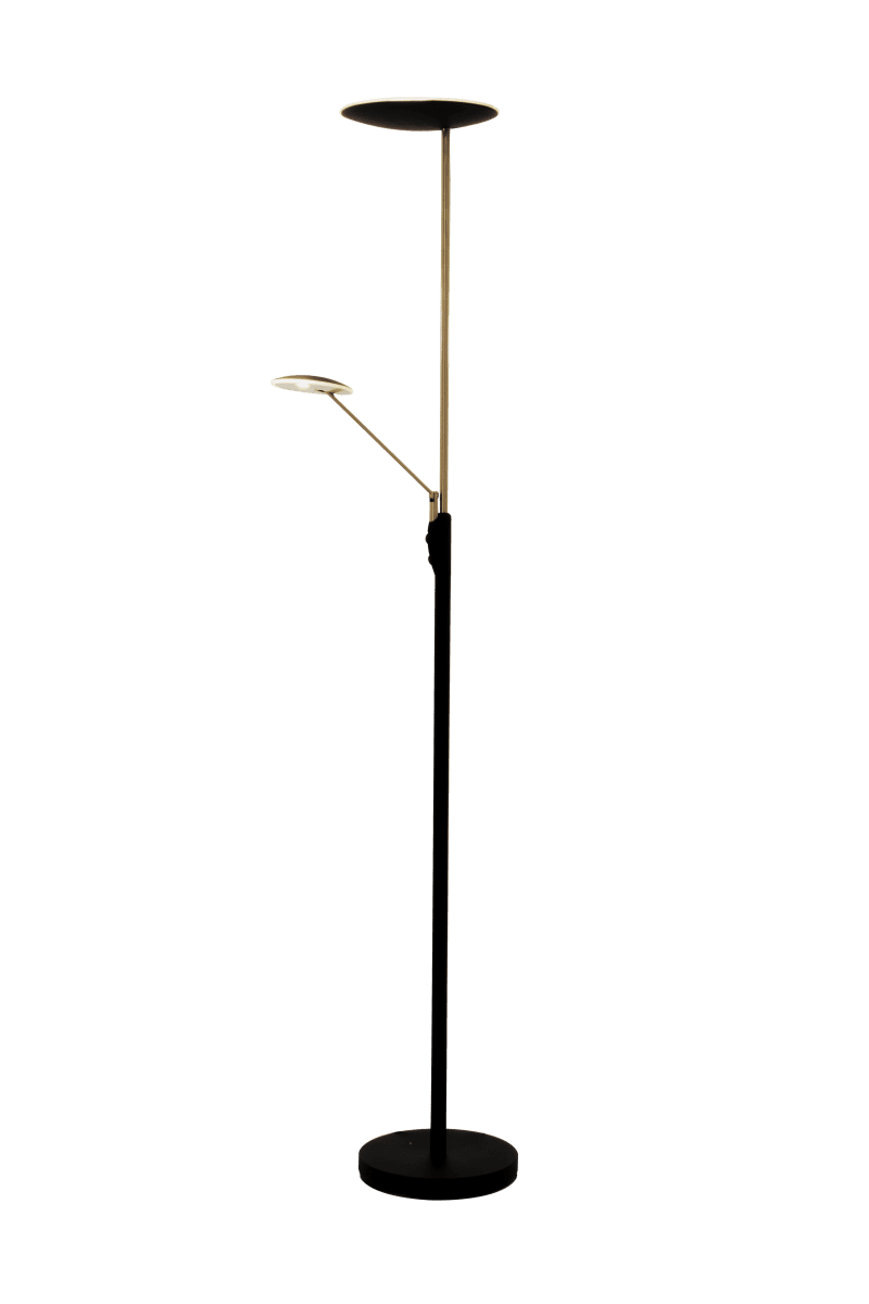 Cadiz Noir/laiton lampadaire De Aneta Lighting - La lumière s'allume et s'éteint à l'aide de deux variateurs sur la lampe, l'un régule la lumière en haut et l'autre pour le bras de lecture, qui peut également être réglé.