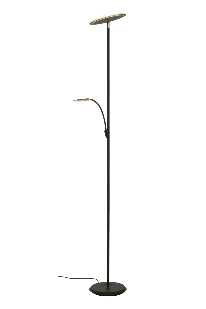Stockholm Noir lampadaire De Aneta Lighting - LED int&eacute;gr&eacute;e de 18 W + 5 W qui fournit une lumi&egrave;re blanche chaude, l'&eacute;clairage vers le haut et le bras de lecture &eacute;tant dimmables s&eacute;par&eacute;ment.