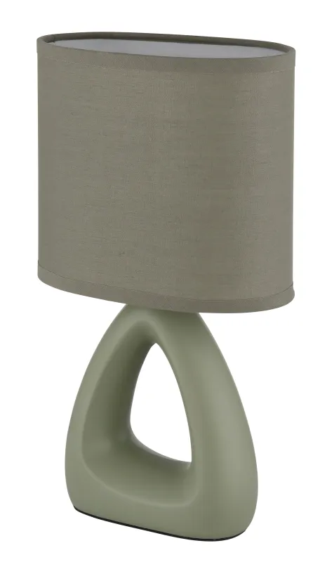 Triangle 30cm Vert lampe de table De Globo Lighting - Den triangelformade basen med ett stilrent utskuret h&aring;l ger ett modernt intryck, medan den ovala textilsk&auml;rmen i mjuk ljusgr&ouml;n f&auml;rg sprider ett behagligt och j&auml;mnt ljus.
