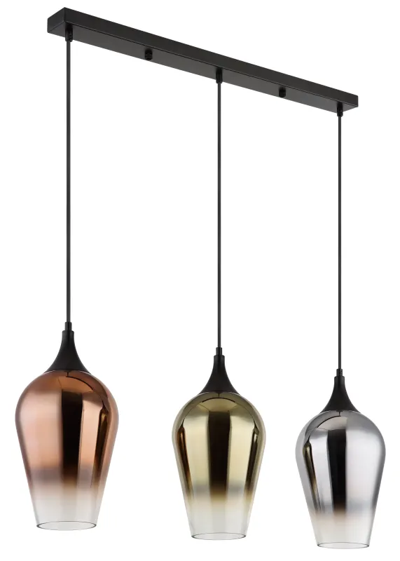Lavus 83cm Noir suspension De Globo Lighting - Lavus &auml;r en elegant taklampa med tre dekorativa glaskupor i koppar-, guld- och kromfinish, vilket ger lampan en modern och stilfull karakt&auml;r.