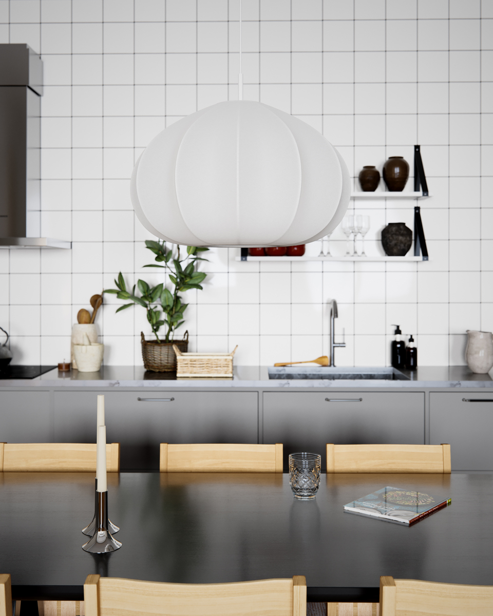 Ebba Ø60 Blanc suspension De By Rydéns - Ebba est fabriqu&eacute; dans un tissu fin et blanc qui ajoute une touche f&eacute;minine et diffuse une lumi&egrave;re douce &agrave; travers la mati&egrave;re d&eacute;licate.