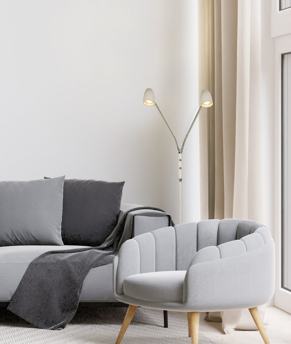 Sandnes 2 Blanc lampadaire De Aneta Lighting - Dot&eacute;e de deux bras flexibles, elle est parfaite comme lampe de lecture et dispose de deux interrupteurs d'alimentation s&eacute;par&eacute;s avec variateur int&eacute;gr&eacute;, permettant de r&eacute;gler la luminosit&eacute; selon les besoins.