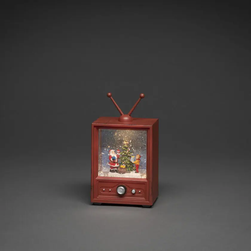Lanterne Remplie D’eau En Forme De Télévision Brun De Konstsmide - Cette lanterne remplie d'eau en forme de t&eacute;l&eacute;vision r&eacute;tro montre une sc&egrave;ne atmosph&eacute;rique avec le P&egrave;re No&euml;l, un gar&ccedil;on et un sapin de No&euml;l d&eacute;cor&eacute;.