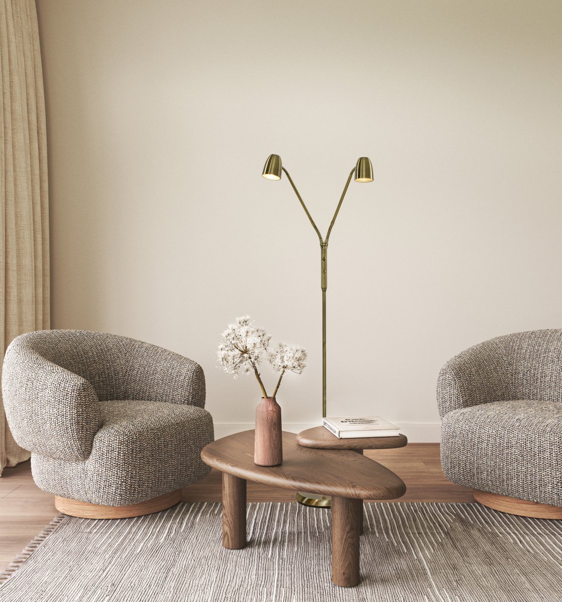 Sandnes 2 Laiton antique lampadaire De Aneta Lighting - Dot&eacute;e de deux bras flexibles, elle est parfaite comme lampe de lecture et dispose de deux interrupteurs d'alimentation s&eacute;par&eacute;s avec variateur int&eacute;gr&eacute;, permettant de r&eacute;gler la luminosit&eacute; selon les besoins.