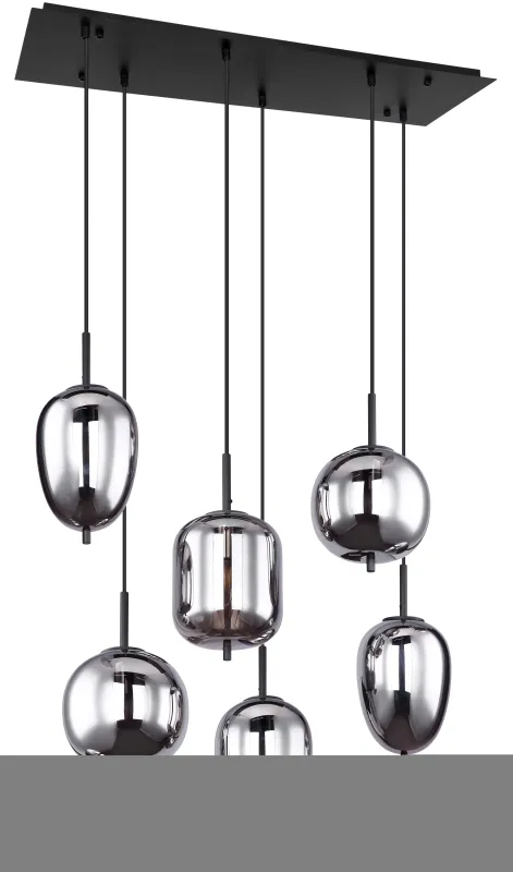 Blacky 80cm Noir suspension De Globo Lighting - Lampan &auml;r tillverkad av svart metall och best&aring;r av sex r&ouml;kf&auml;rgade glasglober i olika former, var och en upph&auml;ngda i svarta kablar fr&aring;n taket.