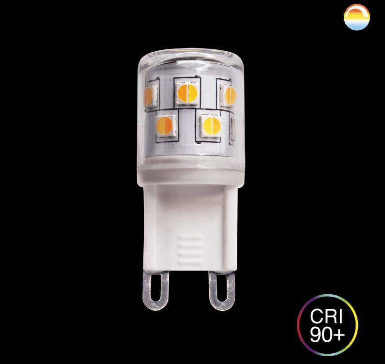 LED G9 MINI 2,5W 2200-3000K dim to warm De Unison - LED G9 MINI 2,5 W 2200-3000 K Dim to WarmLa nouvelle ampoule G9 Dim to Warm d'Unison peut être atténuée avec un variateur pour ajuster la température de couleur de 2200 à 3000 K.