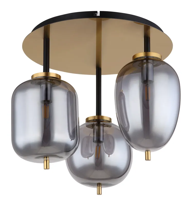 Blacky Ø46 Laiton plafonnier De Globo Lighting - Lampan &auml;r utrustad med 3st r&ouml;kf&auml;rgade glaskupor i olika former, som h&auml;nger fr&aring;n taket p&aring; mattsvarta st&auml;nger f&auml;sta vid en m&auml;ssingsf&auml;rgad bas.