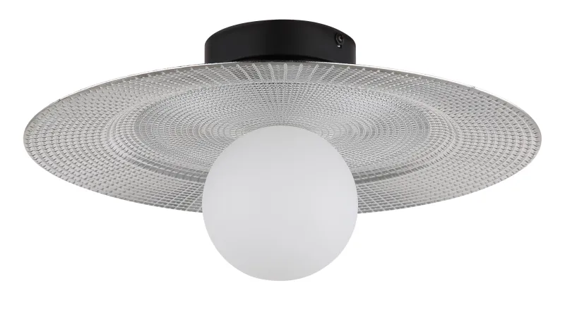 Riga Ø33 Argent plafonnier De Globo Lighting - Lampan &auml;r tillverkad av mattsvart metall och den platta sk&auml;rmen i plast med nyanser av svart, silver och opal ger den en modern och sofistikerad design.