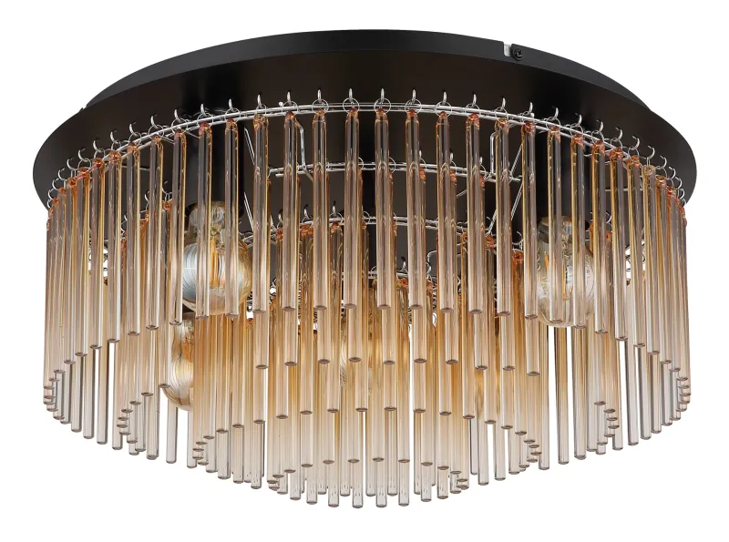 Gorley Ø50 Ambre plafonnier De Globo Lighting - Dess design imponerar med en stilfull kombination av mattsvart metall och dekorativa stavar i klart och amberf&auml;rgat glas.