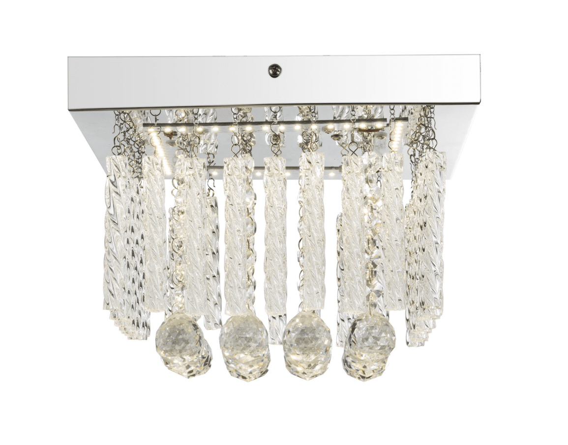 Mathilda 25cm Chrome plafonnier De Globo Lighting - Son design carr&eacute; associe une base chrom&eacute;e &agrave; de magnifiques tiges de verre suspendues et des cristaux scintillants, cr&eacute;ant une atmosph&egrave;re &eacute;l&eacute;gante et exclusive.
