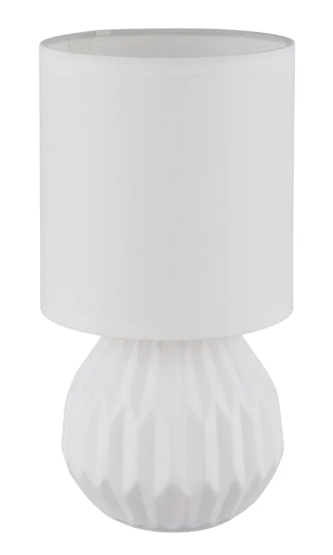 Sylas 23cm Blanc lampe de table De Globo Lighting - Den rundade keramiska basen i elegant vitt och den matchande cylindriska textilsk&auml;rmen skapar en harmonisk och modern estetik.