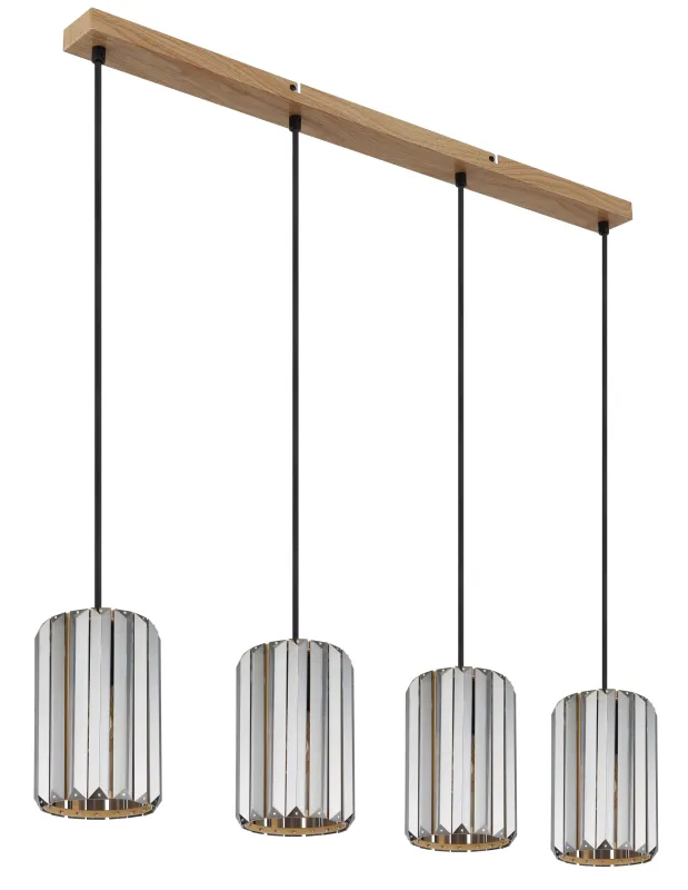 Run 88cm Couleur fumée suspension De Globo Lighting - Kombinationen av metall i tr&auml;utseende och de fyra sk&auml;rmarna med r&ouml;kf&auml;rgade K5-kristaller ger en harmonisk ljusspridning och en sofistikerad k&auml;nsla.