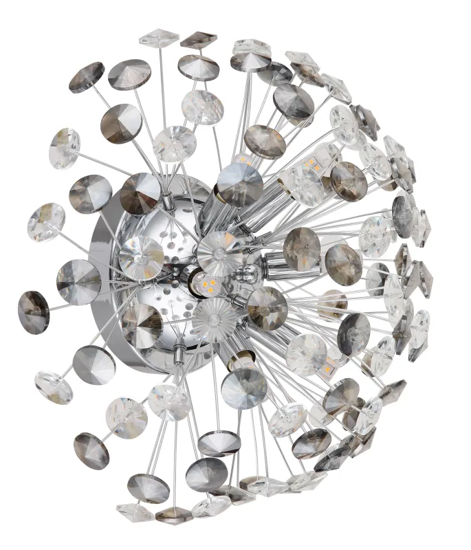 Katrina Ø40 Chrome applique murale De Globo Lighting - Den runda stommen i kromf&auml;rgad metall och den halvsf&auml;riska sk&auml;rmen i r&ouml;kf&auml;rgade K9-kristaller skapar en lyxig och inbjudande atmosf&auml;r.
