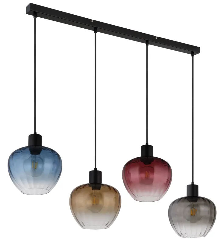 Toy 108cm Multicolore suspension De Globo Lighting - Varje glas finns i en av fyra levande f&auml;rger &ndash; r&ouml;d, bl&aring;, b&auml;rnsten och r&ouml;k &ndash; vilket skapar en harmonisk ljusst&auml;mning och ger rummet imponerande f&auml;rgaccenter.