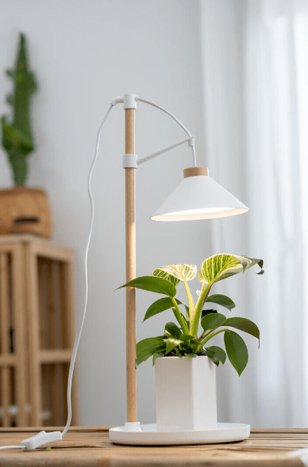 Lampe Pour Plantes Lily Blanc De Airam - Une &eacute;tag&egrave;re ronde est fix&eacute;e au manche en bois de la lampe, sur laquelle vous pouvez placer un pot de fleurs pour fournir &agrave; la plante une lumi&egrave;re suppl&eacute;mentaire importante.