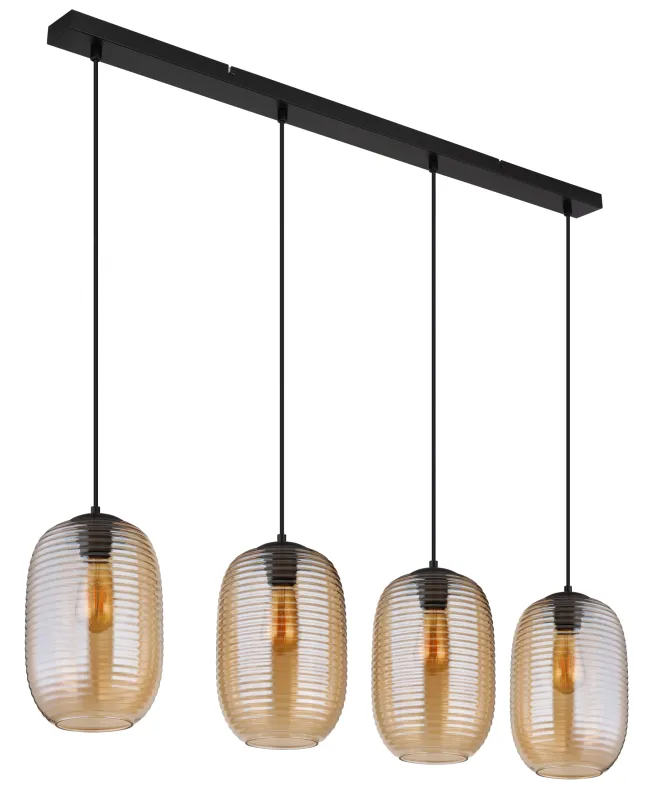 Jefrey 110cm Ambre suspension De Globo Lighting - Denna eleganta taklampa har en avl&aring;ng form och &auml;r utrustad med fyra rundade glaskupor i varm b&auml;rnstensf&auml;rg.