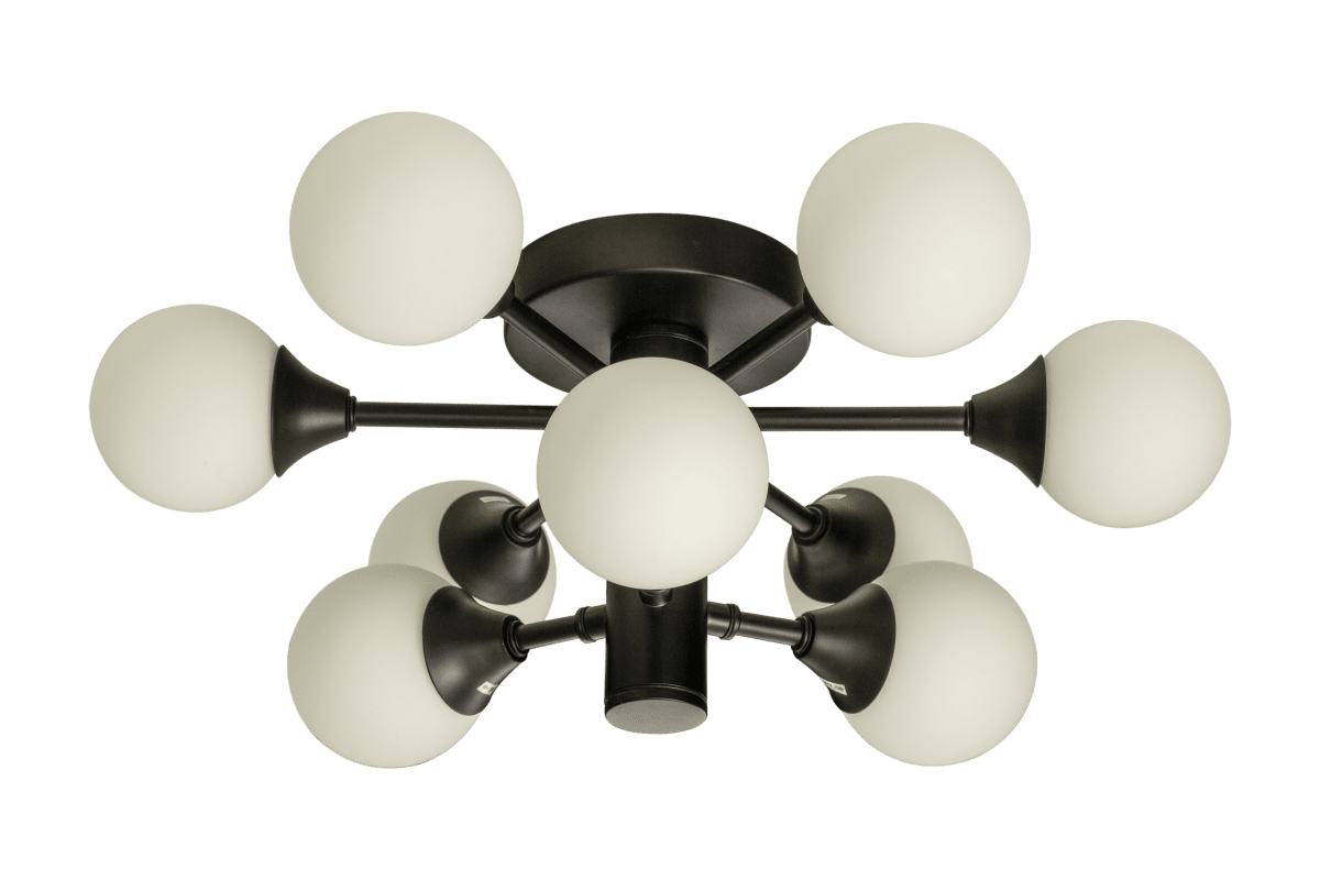 Cosmos Ø45 Noir lampe de salle de bain De Aneta Lighting - La lampe est dot&eacute;e de neuf abat-jour en verre blanc opale r&eacute;partis sur deux niveaux, cr&eacute;ant un design int&eacute;ressant et inhabituel.