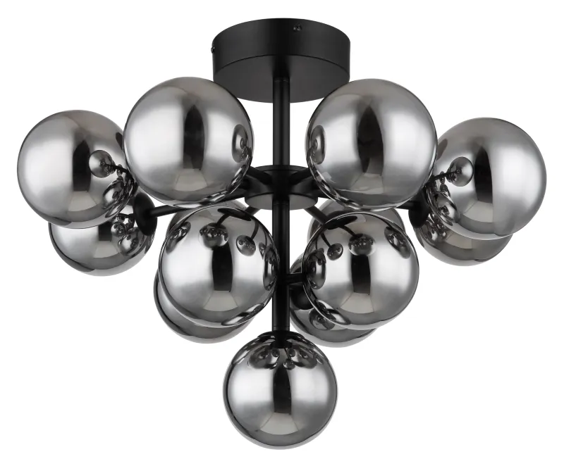 Grappy Ø56 Couleur fumée plafonnier De Globo Lighting - Grappy plafond blir en stilfull och lyxig detalj i varje rum med sin glamor&ouml;sa design och de 13st r&ouml;kf&auml;rgade glaskulorna.