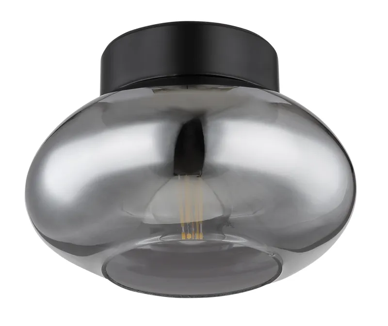 Shaun Ø18 Couleur fumée plafonnier De Globo Lighting - Lampan &auml;r tillverkad av mattsvart metall och &auml;r smyckad med en oval sk&auml;rm i r&ouml;kf&auml;rgat glas.