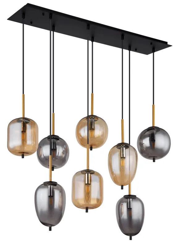 Blacky 102cm Ambre suspension De Globo Lighting - De &aring;tta r&ouml;k- och amberf&auml;rgade glasgloberna i olika former h&auml;nger fr&aring;n en svart, rektangul&auml;r takplatta och kan justeras upp till 120 cm fr&aring;n taket.