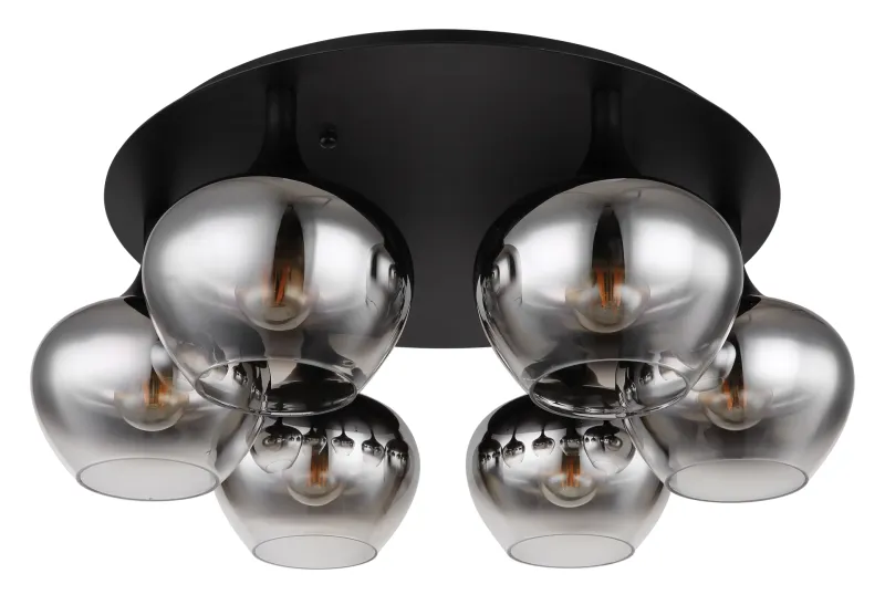Maxy Ø65 Couleur fumée plafonnier De Globo Lighting - P&aring; en rund takplatta av matttsvart metall sitter sex vackert formade r&ouml;kf&auml;rgade glaskupor.