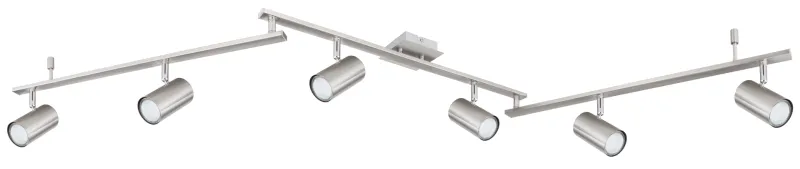 Robby 6 Nickel spot De Globo Lighting - Den best&aring;r av tre metallst&auml;nger, var och en utrustad med tv&aring; vridbara GU10-socklar med metallfinish.