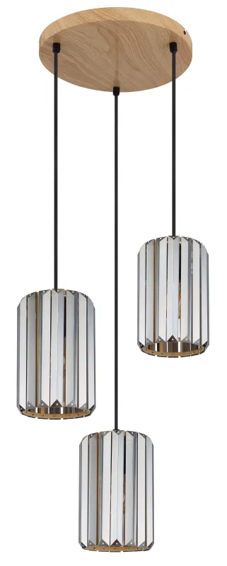 Run Ø35 Couleur fumée suspension De Globo Lighting - Kombinationen av metall i tr&auml;utseende och de tre sk&auml;rmarna med r&ouml;kf&auml;rgade K5-kristaller ger en harmonisk ljusspridning och en sofistikerad k&auml;nsla.