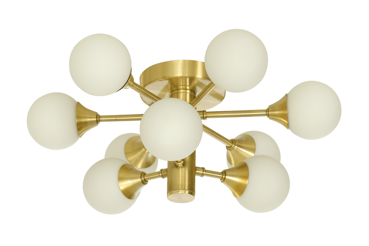 Cosmos Ø45 Laiton mat lampe de salle de bain De Aneta Lighting - La lampe est dot&eacute;e de neuf abat-jour en verre blanc opale r&eacute;partis sur deux niveaux, cr&eacute;ant un design int&eacute;ressant et inhabituel.