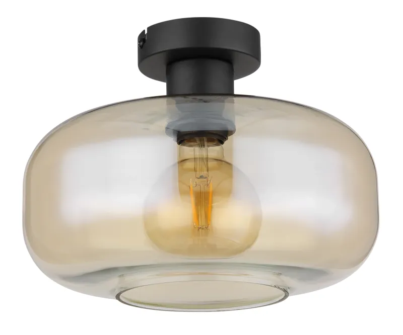 Giuseppe Ø28 Ambre plafonnier De Globo Lighting - Lampan &auml;r tillverkad av mattsvart metall och &auml;r smyckad med en vackert formad glaskupa i amberf&auml;rgat glas.