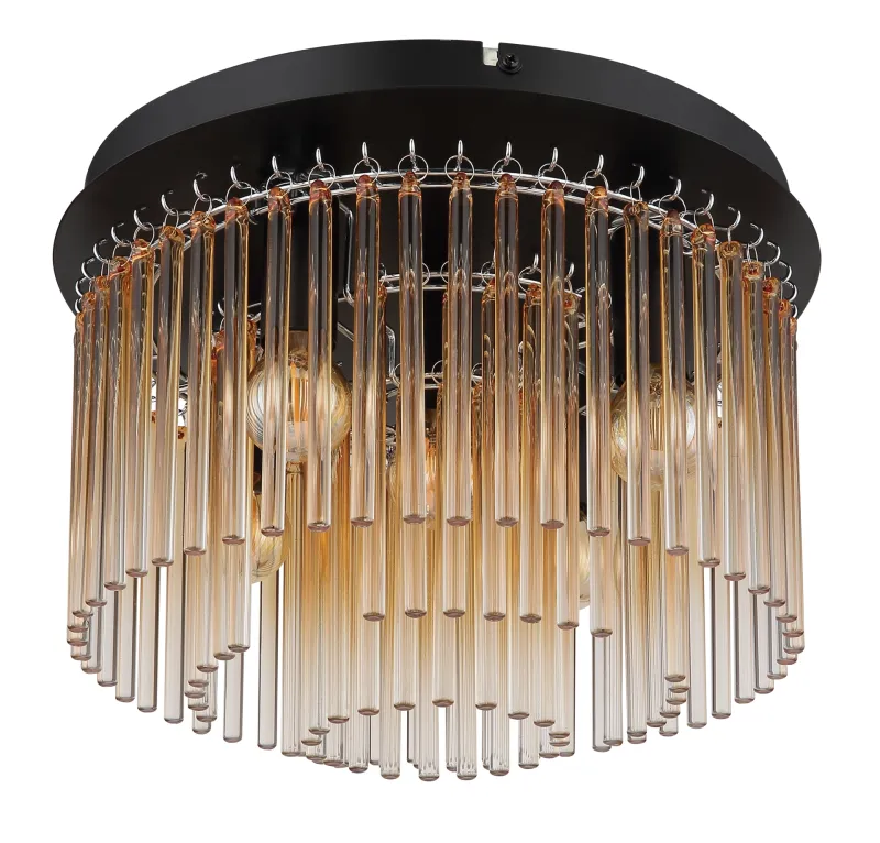Gorley Ø32 Ambre plafonnier De Globo Lighting - Dess design imponerar med en stilfull kombination av mattsvart metall och dekorativa stavar i klart och amberf&auml;rgat glas.