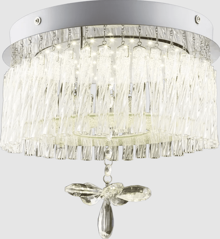 Mathilda Ø28 Chrome cristal De Globo Lighting - Son design rond associe une base chrom&eacute;e &agrave; des tiges de verre suspendues et un grand cristal en forme de fleur qui devient le point central de la pi&egrave;ce.