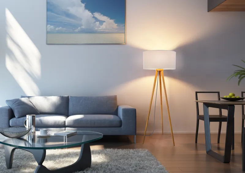 Stabilo Nature lampadaire De Globo Lighting - &nbsp;Den stilrena stommen i brunt tr&auml; tillsammans med den vita textilsk&auml;rmen skapar en harmonisk och tidl&ouml;s look som sm&auml;lter in i b&aring;de klassiska och moderna interi&ouml;rer.