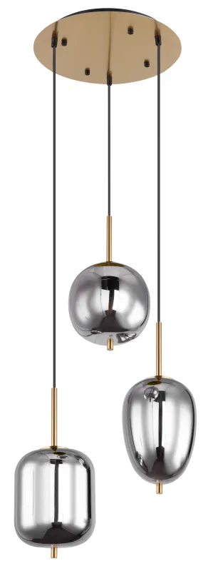 Blacky Ø46 Laiton suspension De Globo Lighting - Den best&aring;r av en rund m&auml;ssingsf&auml;rgad metallplatta, fr&aring;n vilken tre svarta kablar med r&ouml;kf&auml;rgade glasglober i olika former h&auml;nger.