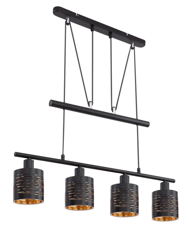 Tunno 70cm Noir suspension De Globo Lighting - Perfekt f&ouml;r k&ouml;k eller vardagsrum, d&auml;r dess dekorativa utsk&auml;rningar, form och guldf&auml;rgade insida skapar en varm och inbjudande atmosf&auml;r.
