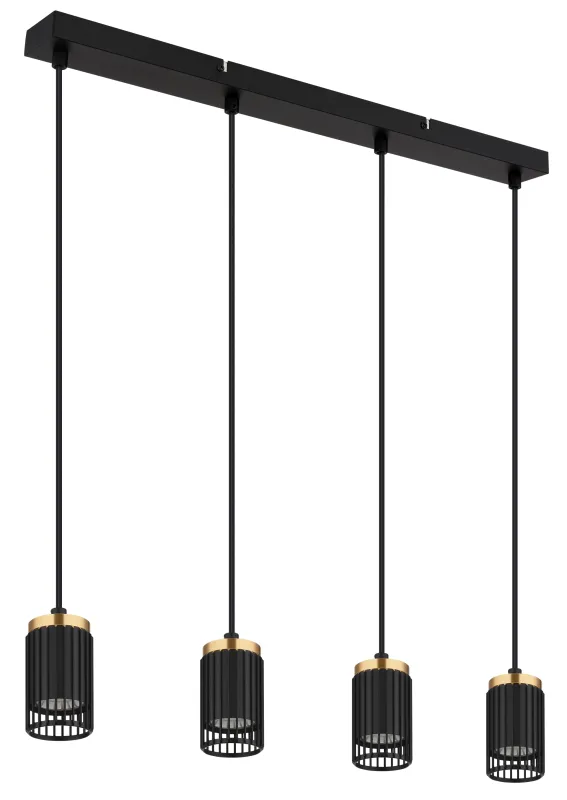 Korben 60cm Noir suspension De Globo Lighting - Med sin avl&aring;nga form och fyra cylindriska sk&auml;rmar, &ouml;ppna framtill, ger den en riktad ljusf&ouml;rdelning som skapar en inbjudande atmosf&auml;r.