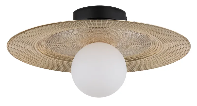 Riga Ø33 Or plafonnier De Globo Lighting - Lampan &auml;r tillverkad av mattsvart metall och den platta sk&auml;rmen i plast med nyanser av svart, guld och opal ger den en modern och sofistikerad design.