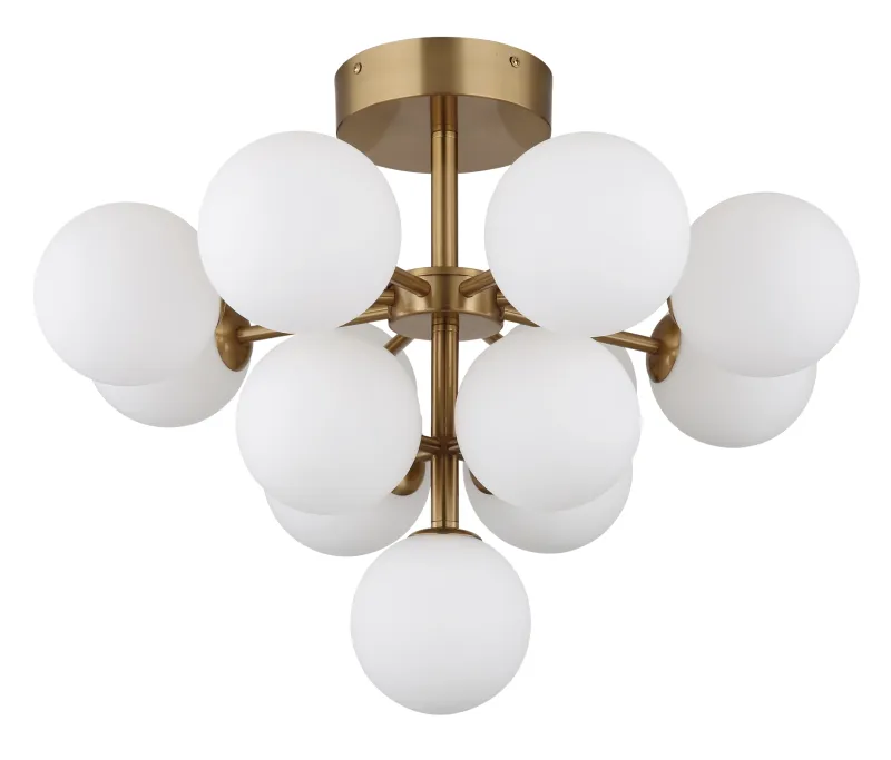 Grappy Ø56 Or plafonnier De Globo Lighting - Grappy plafond i guldf&auml;rgad metall blir en stilfull och lyxig detalj i varje rum med sin glamor&ouml;sa design och de 13st opalf&auml;rgade glaskulorna.