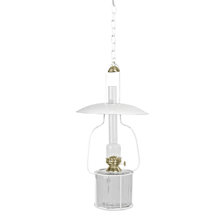Hanging lantern stand for kerosenelamp 'Straight Big' Blanc De Strömshaga - Support pour lampe &agrave; p&eacute;trole en m&eacute;tal laqu&eacute; blanc avec petit abat-jour et d&eacute;tails en laiton.